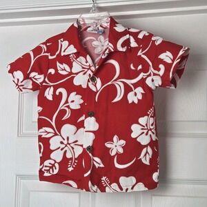 RJC Classic Red Hibiscus Floral Hawaiian Shirt Boys Size 3T Cotton Short Sleeves